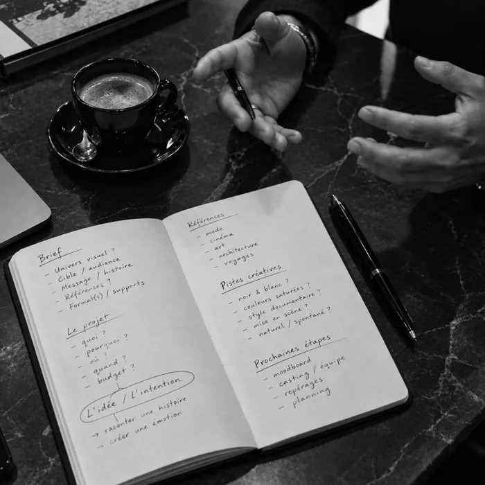 Carnet de brief ouvert et échange autour d'un café, première étape de la direction artistique HENLAW Paris