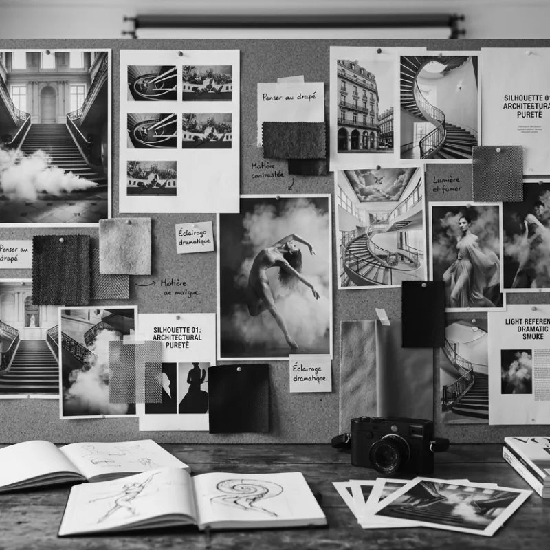 Moodboard et références visuelles étalés sur une table, deuxième étape de la direction artistique HENLAW Paris